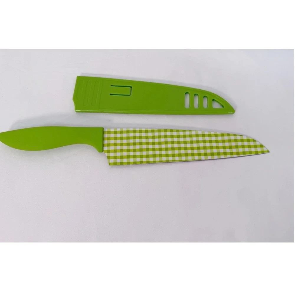 Tomodachi Green Gingham Checkered Chef Knife with Blade Guard Cover 7